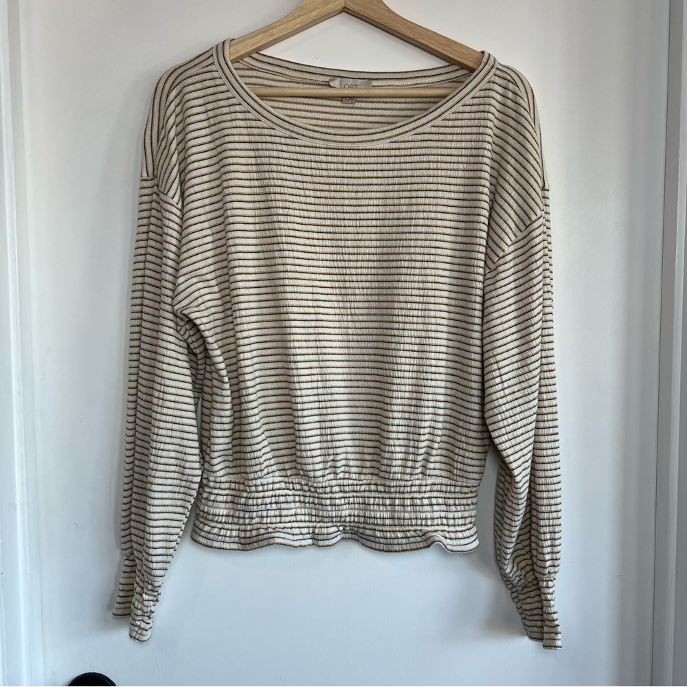 Loft White Yellow Black Stripe Smocked Waist & Wrist Long Sleeve Blouse, Size M